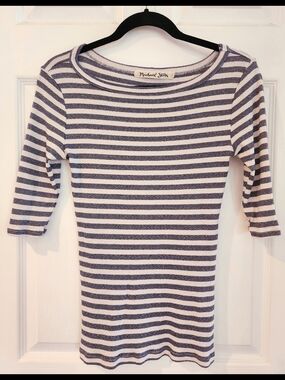 Michael Stars Navy & White Striped Boatneck 3/4 Sleeve Top XS/S Anthropologie